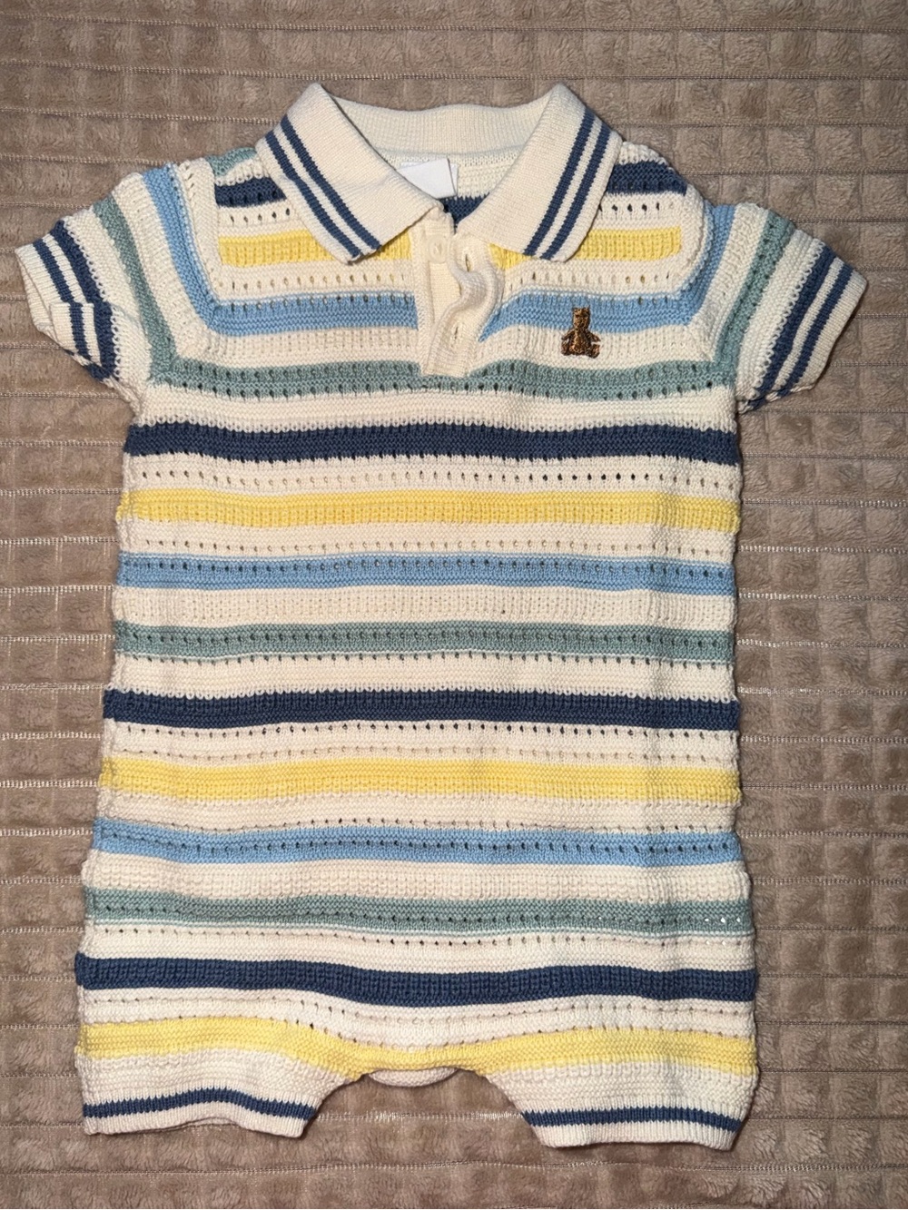 Baby Gap Knit Romper in Cream with Blue, Yellow & Green Stripes